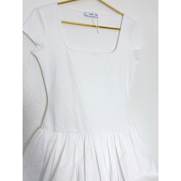 Mango White Bubble Hem Mini Dress Size Small Square Neck Stretch - Picture 10 of 14